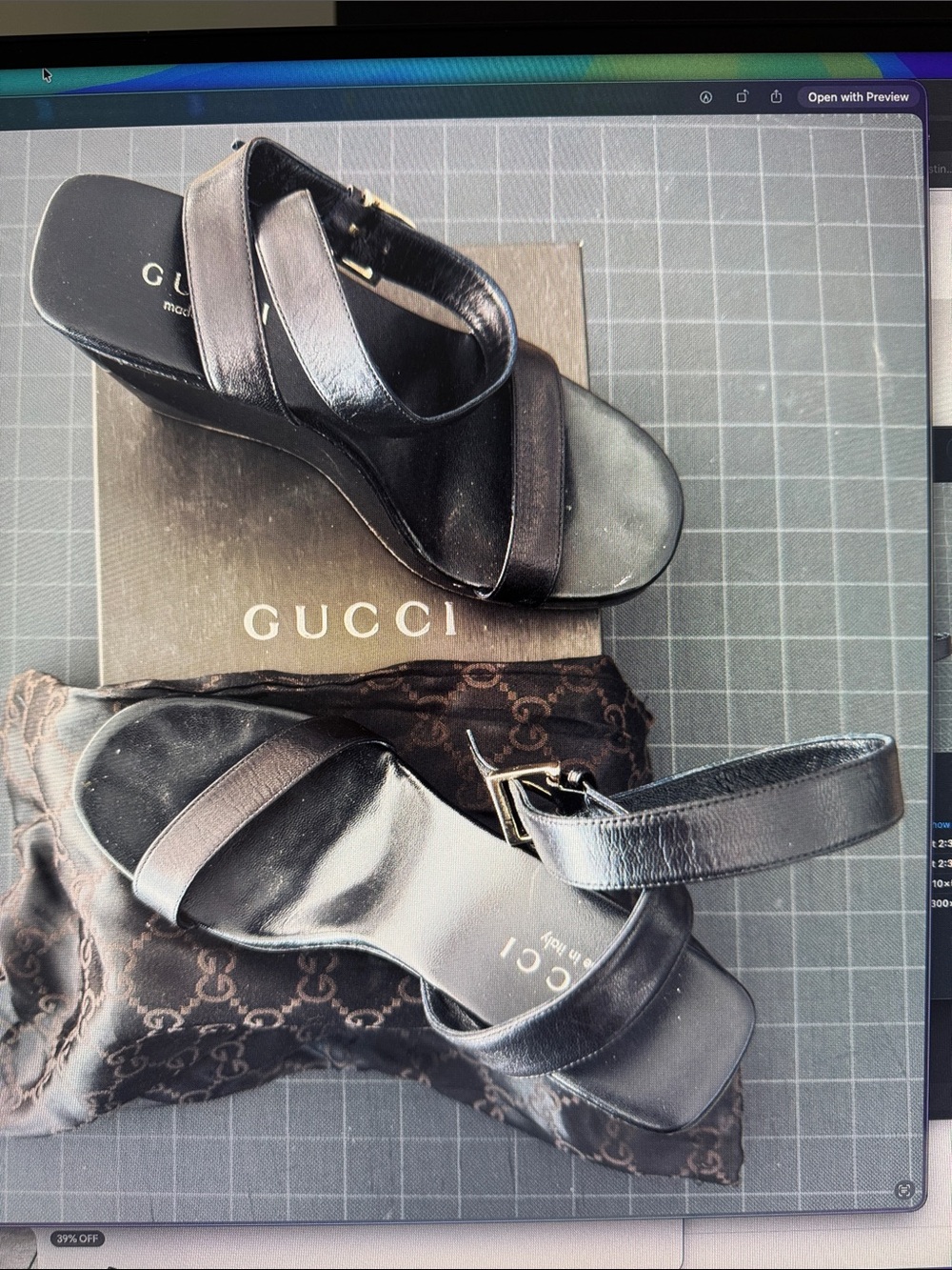 Gucci Black Leather Wedge Sandals with Ankle Strap
